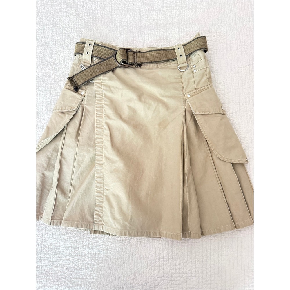 Men's Khaki Utility Kilt Cargo Pockets Pleated Belt Hardware Y2K